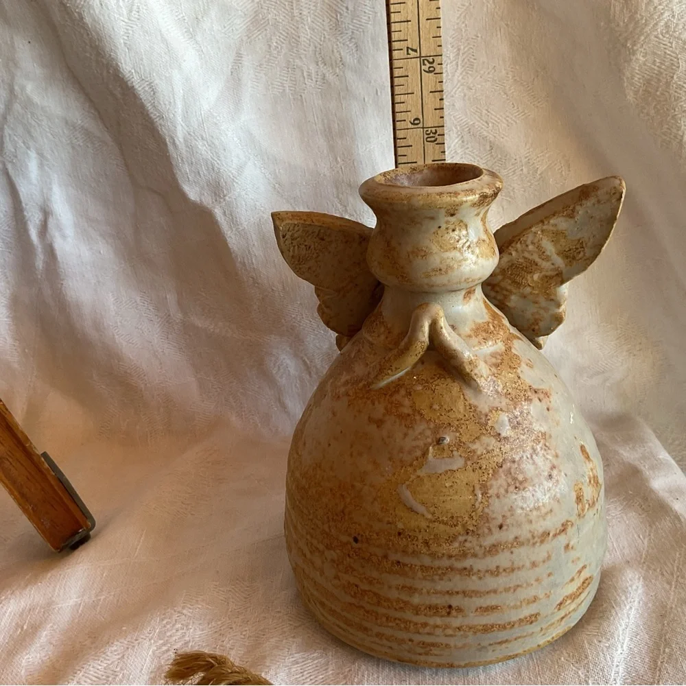 pottery angel oil lamp W/Original wick glazed in earthy brown tones Signed